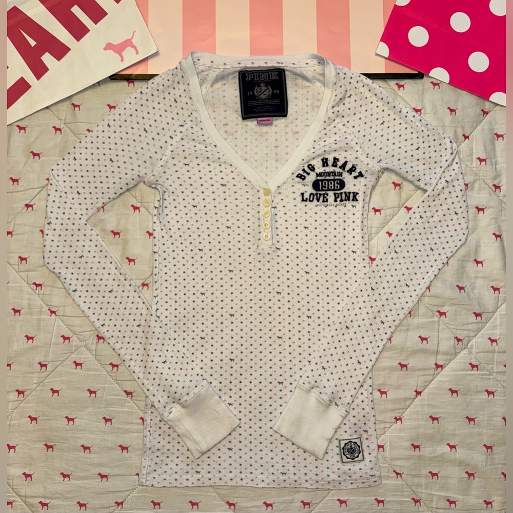 VS PINK VINTAGE Y2K THERMAL HENLEY SHIRT BIG HEART 1986 ALL OVER DOG PUP RARE L